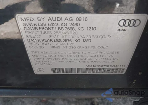 2017 Audi Q5 2.0T Premium from USA, damaged, VIN WA1M2AFP3HA047111